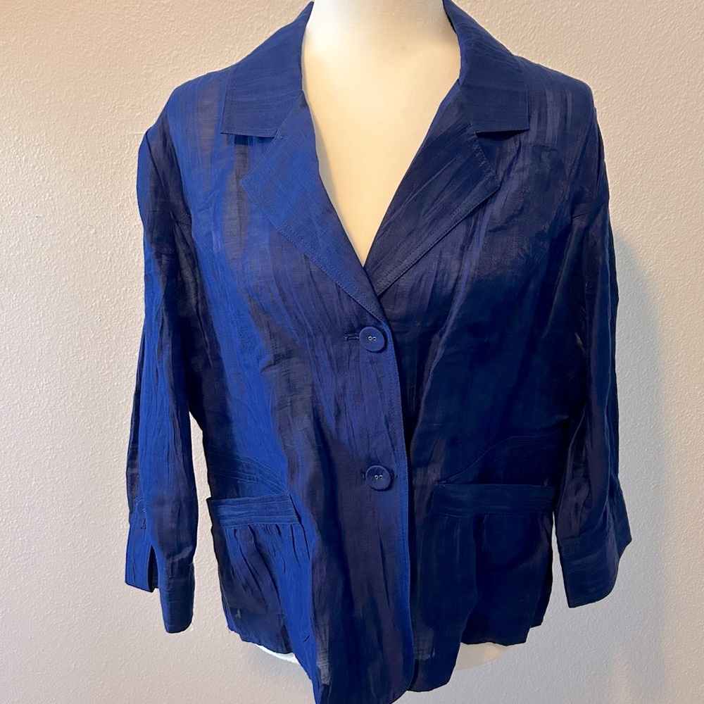 Chico’s cobalt blue linen blend blazer jacket size L (2) office career classic